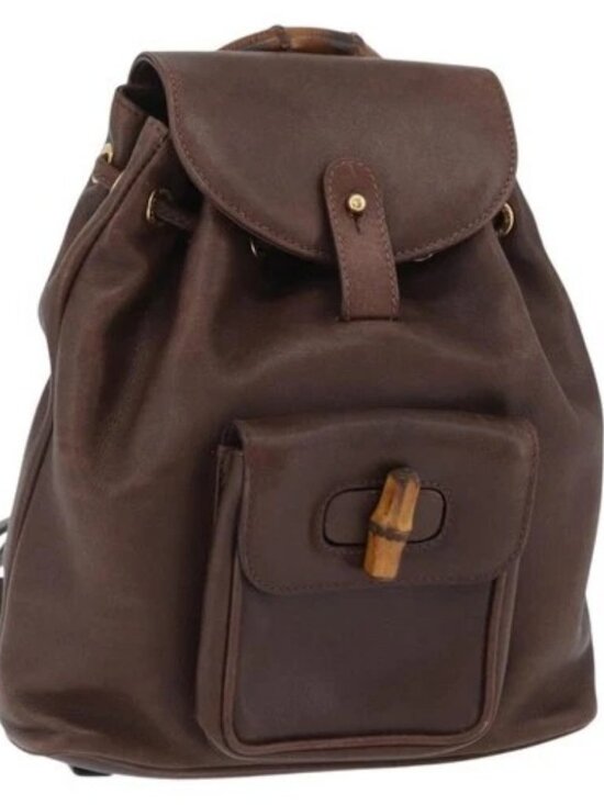 GUCCI Bamboo Backpack Leather Brown Gold 003 2058 0030 Auth BA11134